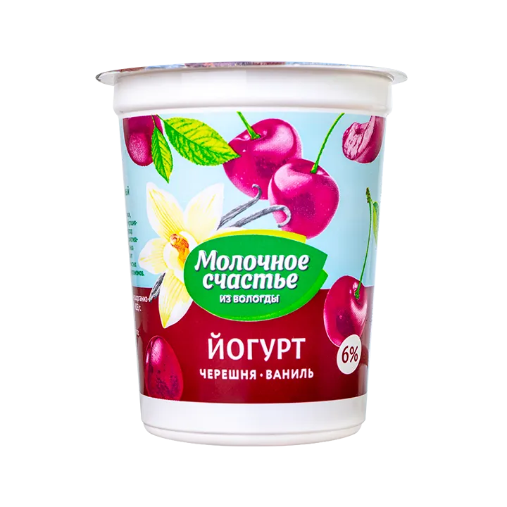 Йогурт 6% 0,2 л/8 Черешня-Ваниль (п/стакан) | Молочное счастье