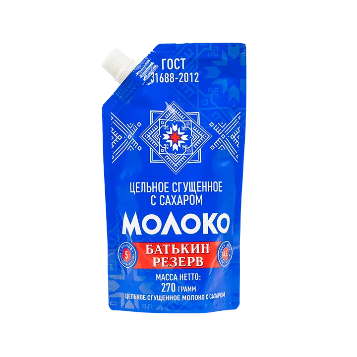 Молоко цельное сгущенное с сахаром Батькин резерв 8,5% 270 г, дой-пак, ГОСТ
